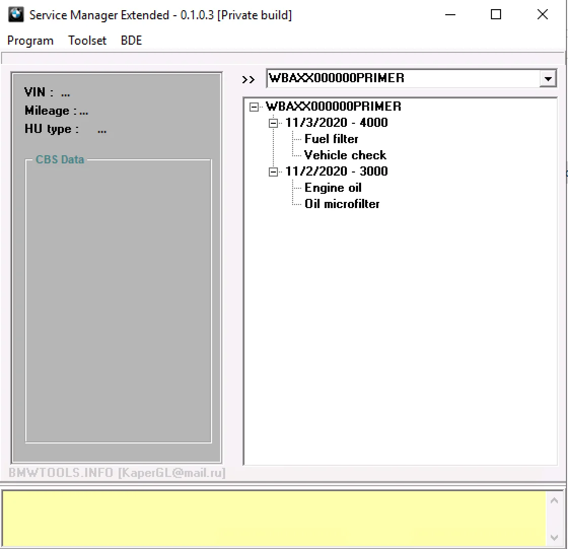 Version 0.1.0.3 CBS data viewer with VIN, mileage and service items tree in the HU.