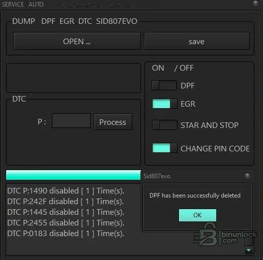 SID807EVO interface reporting processed DPF and DTC operations for a loaded Siemens firmware file