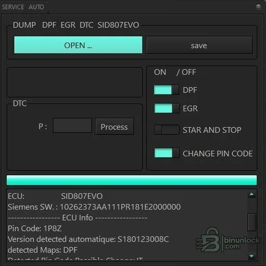SID807EVO detection view with Siemens software identity, PIN code and recognized map list