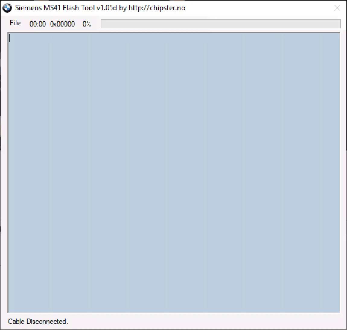 Siemens MS41 Flash Tool v1.05d main window with progress bar and cable status