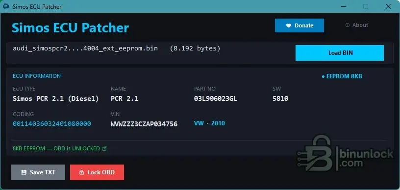 Simos ECU Patcher reading PCR2.1 EEPROM with VIN, coding, software version and OBD unlock status