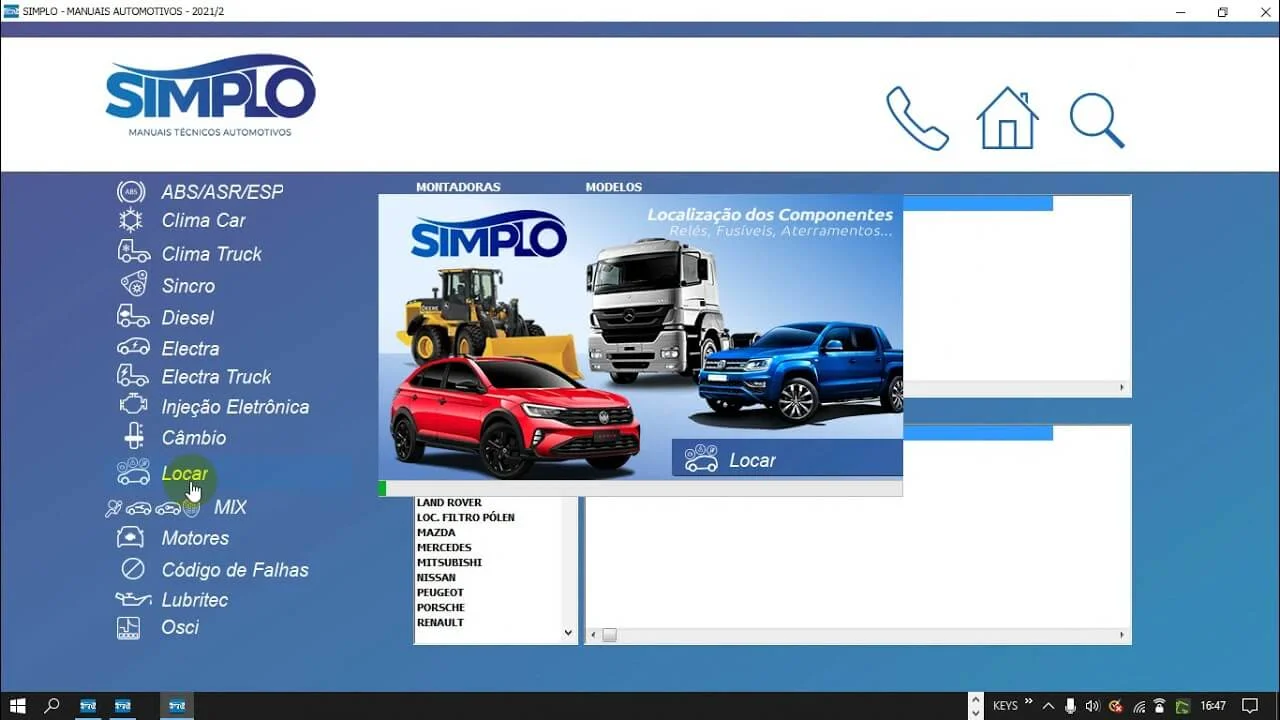 Simplo 2022 main menu with component location and brand index for quick workshop access.