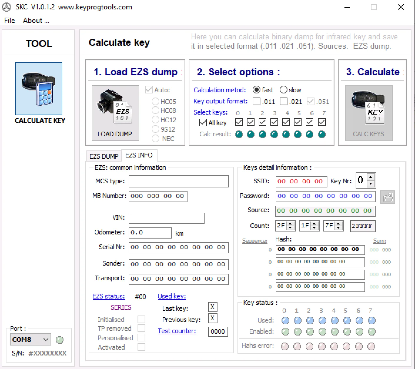 SKC v1.0.1.2 main window calculating Mercedes EZS keys with 011 021 051 formats and MCU autodetect