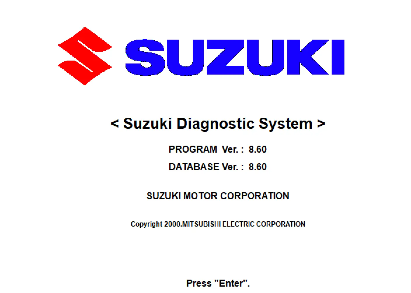 Suzuki Diagnostic System 8.60 start screen showing program and database version for marine outboards.