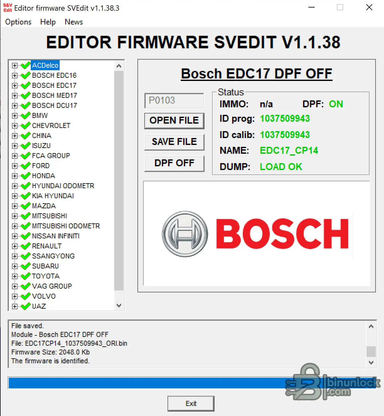 SVEdit firmware editor with Bosch EDC17CP14 DPF OFF module and firmware file loaded