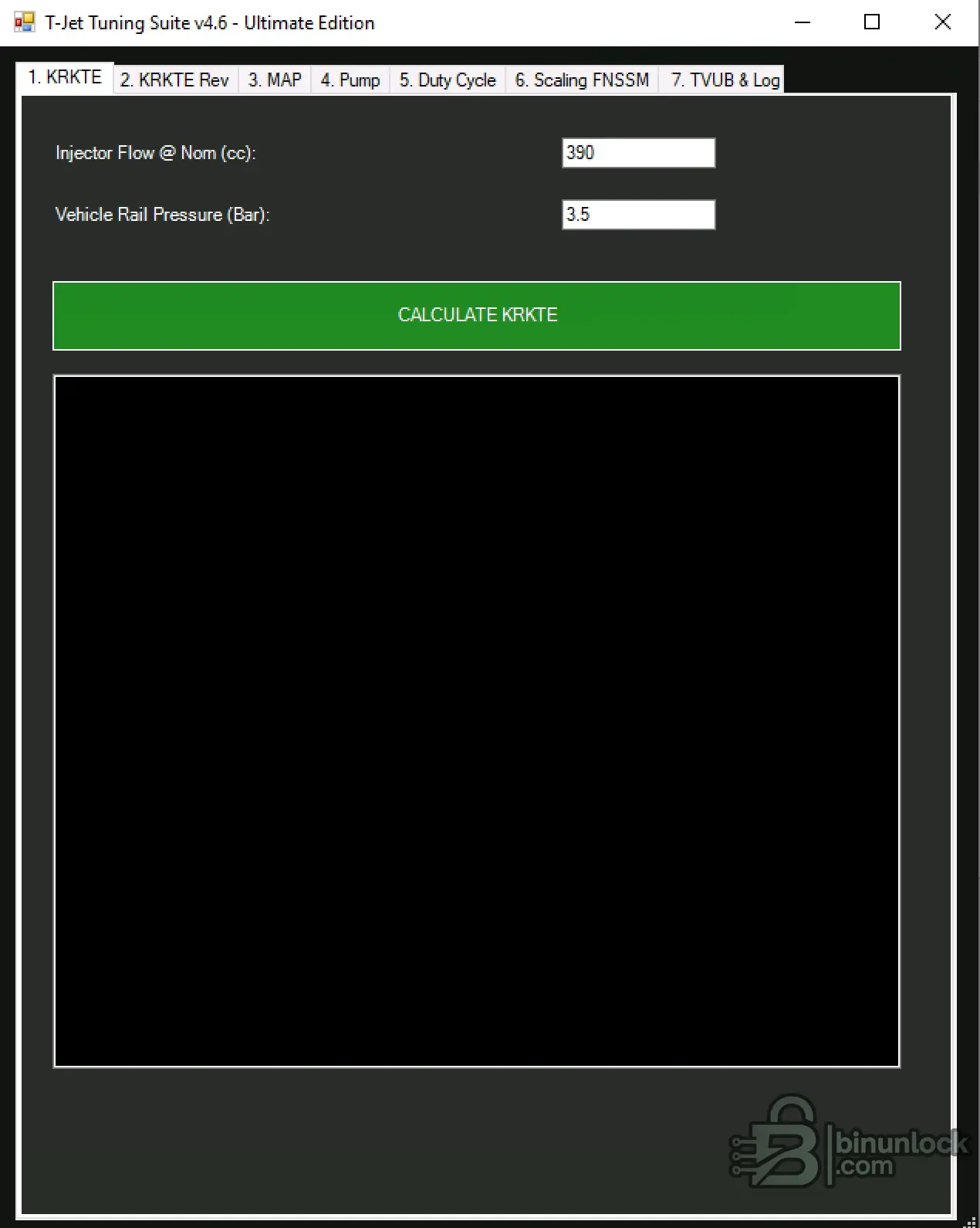 T-Jet Tuning Suite v4.6 KRKTE calculator screen with injector flow, rail pressure, and fueling input fields.