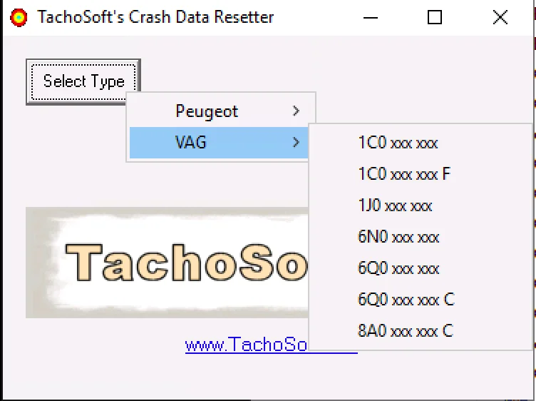 Crash Data Resetter interface showing “Select Type” menu with VAG ECU patterns (1C0, 1J0, 6N0, 6Q0, 8A0) for SRS crash clear.