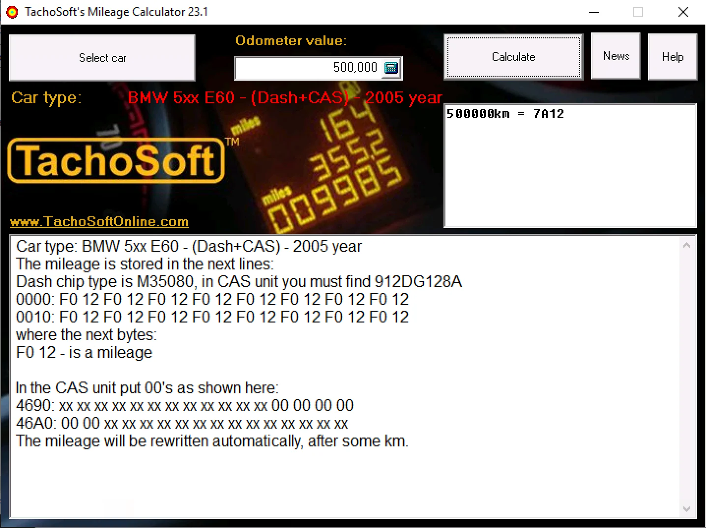 TachoSoft Mileage Calculator v23.1 showing BMW E60 CAS dashboard odometer hex calculation