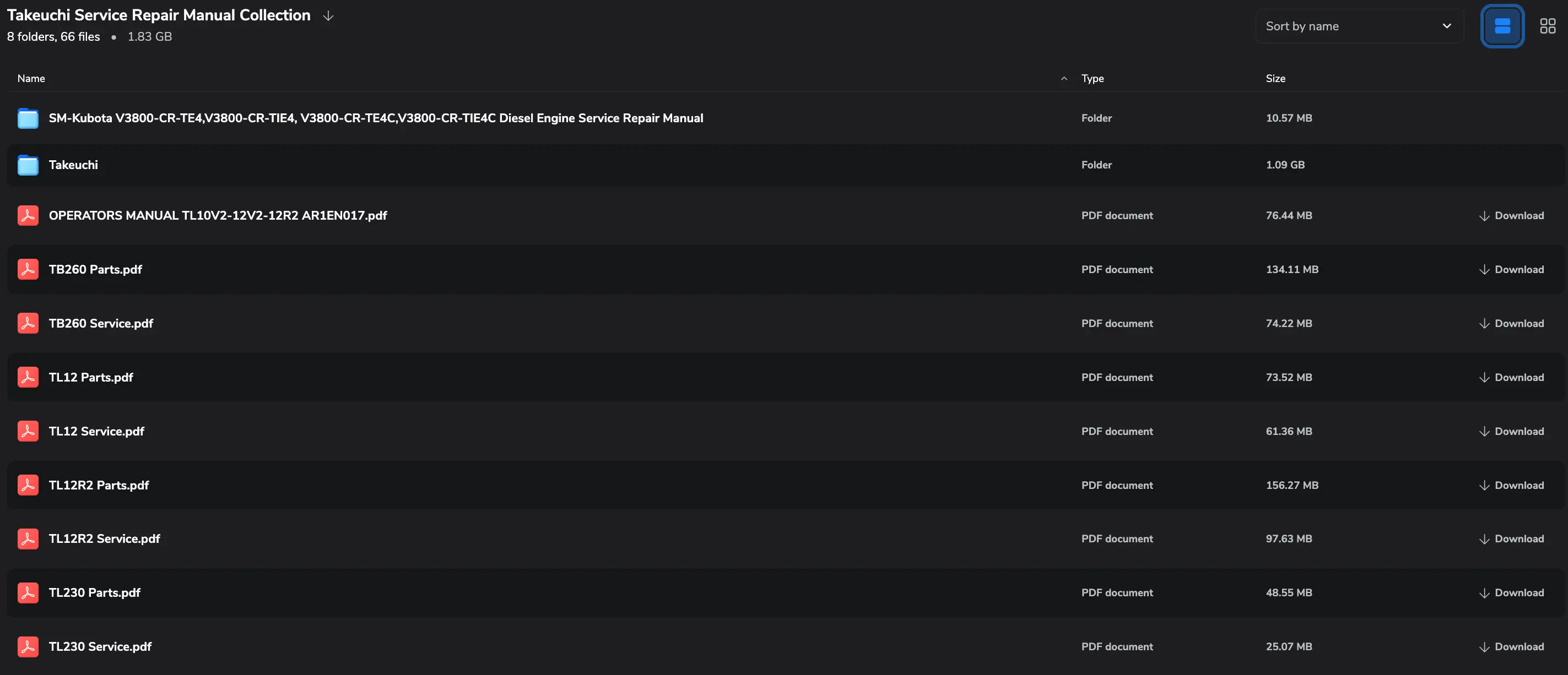 Screenshot showing a Takeuchi TL and TB manual collection with service, parts, and operator PDFs plus wiring and shutdown documents.