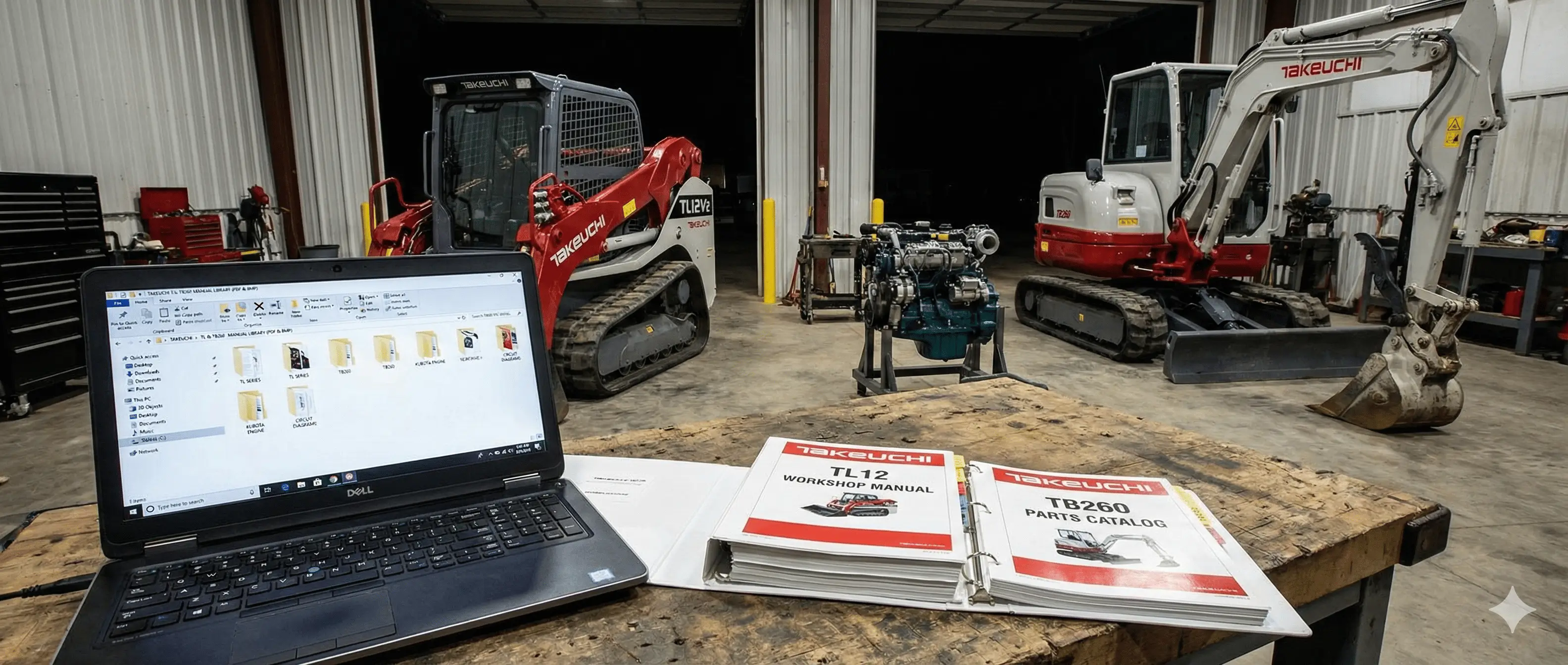 Featured photo showing Takeuchi TL12 and TB260 manuals with a workshop scene, PDF service and parts documentation reference.