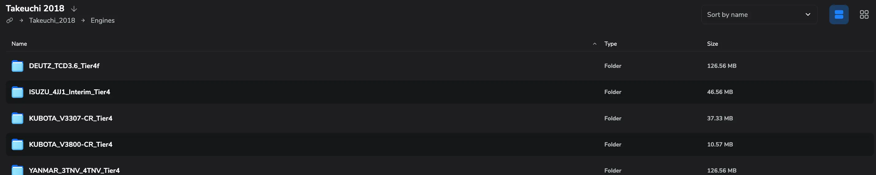 Takeuchi 2018 engine manuals folders: Deutz TCD3.6 Tier4f, Isuzu 4JJ1, Kubota V3307/V3800, Yanmar 3TNV 4TNV