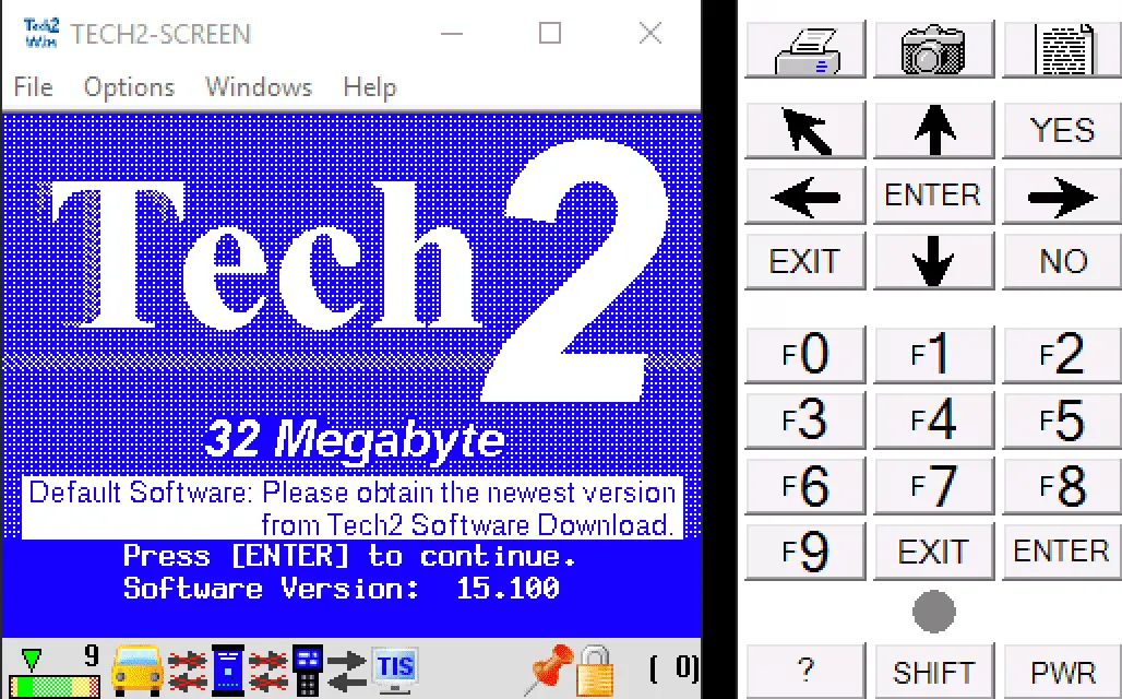 Tech2Win start screen showing Tech 2 32MB banner and Software Version 15.100.