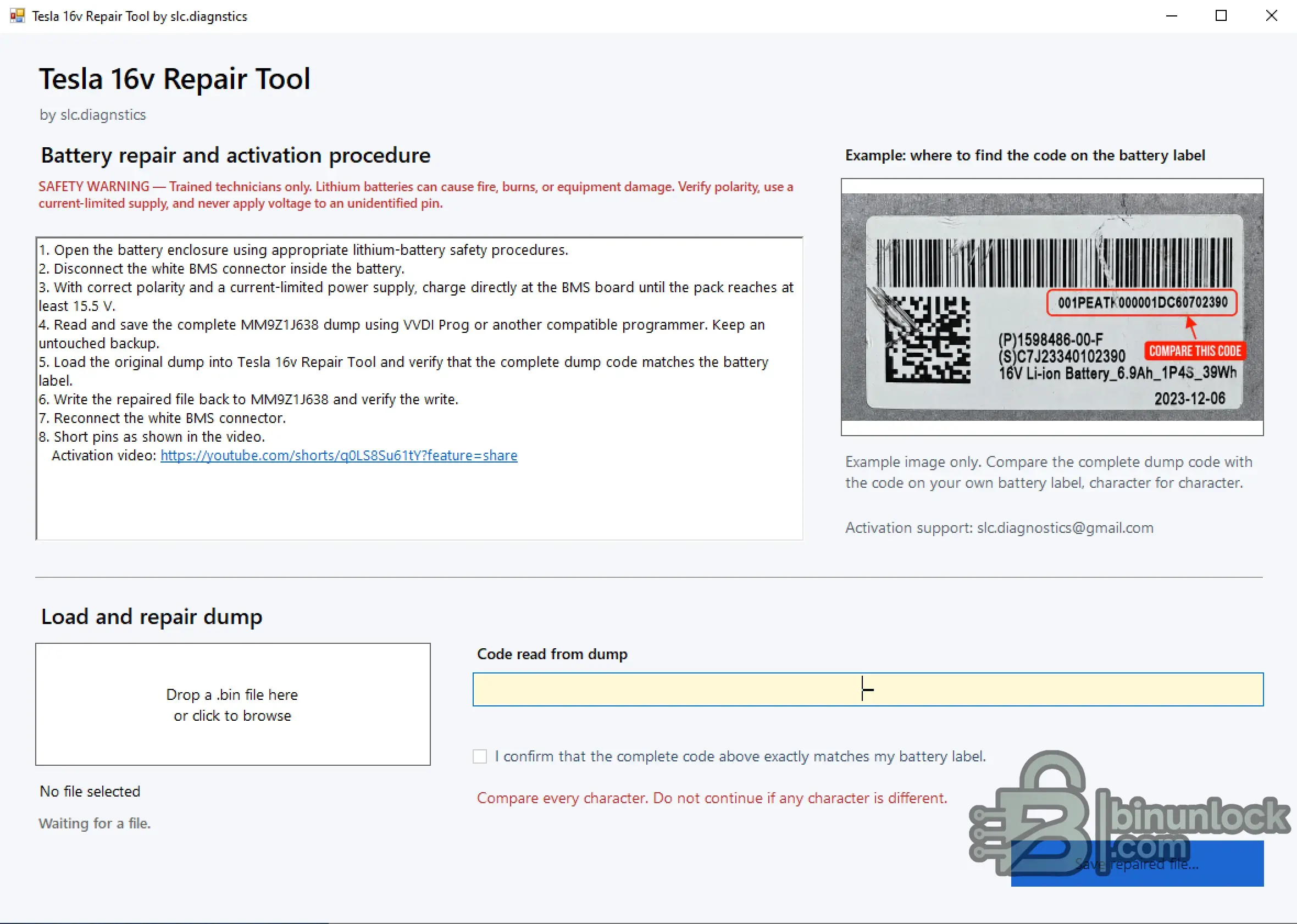Tesla 16V Battery Repair Tool showing MM9Z1J638 BMS dump loading, battery label code verification and repaired file creation workflow.