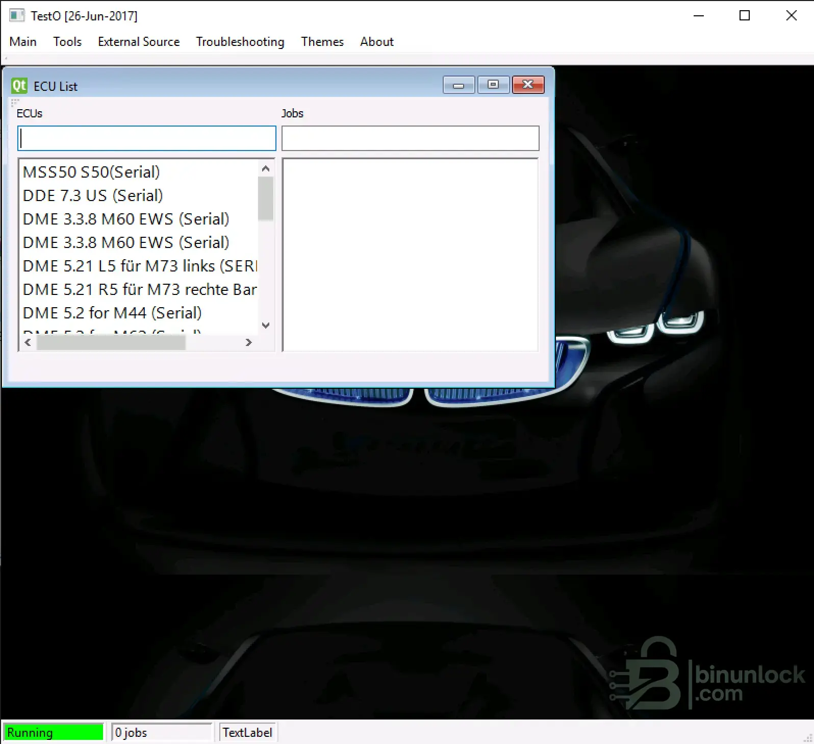 TestO 2017-06-26 data logger basic setup showing time format, delimiter, and CSV export options for ECU parameter logging.