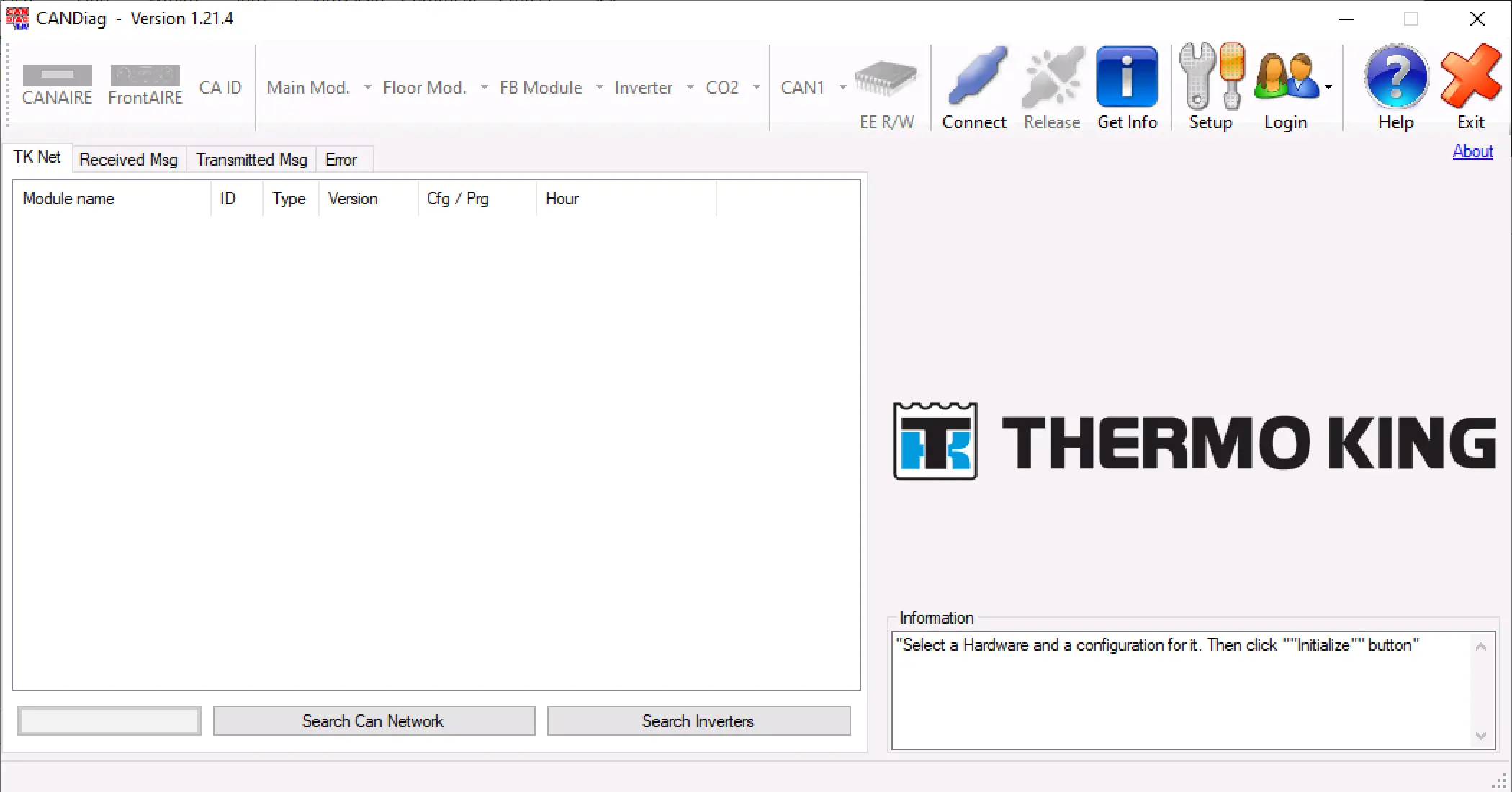 Thermo King CanDiag 1.21.4 main interface for CANAIRE and FrontAIRE CAN bus diagnostics, module list, and message monitoring.