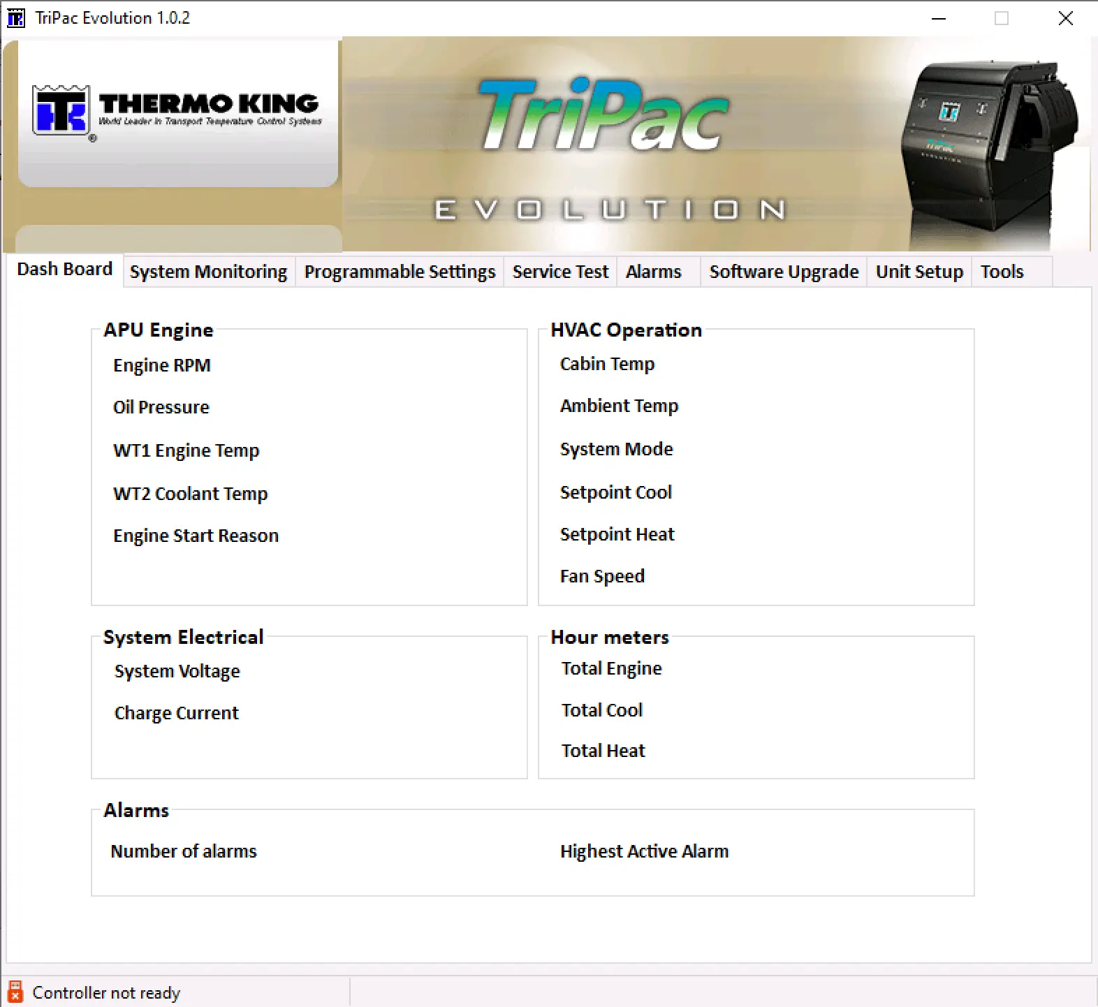 TriPac Evolution 1.0.2 service toolkit dashboard showing APU monitoring, HVAC operation, alarms, and hour meters.