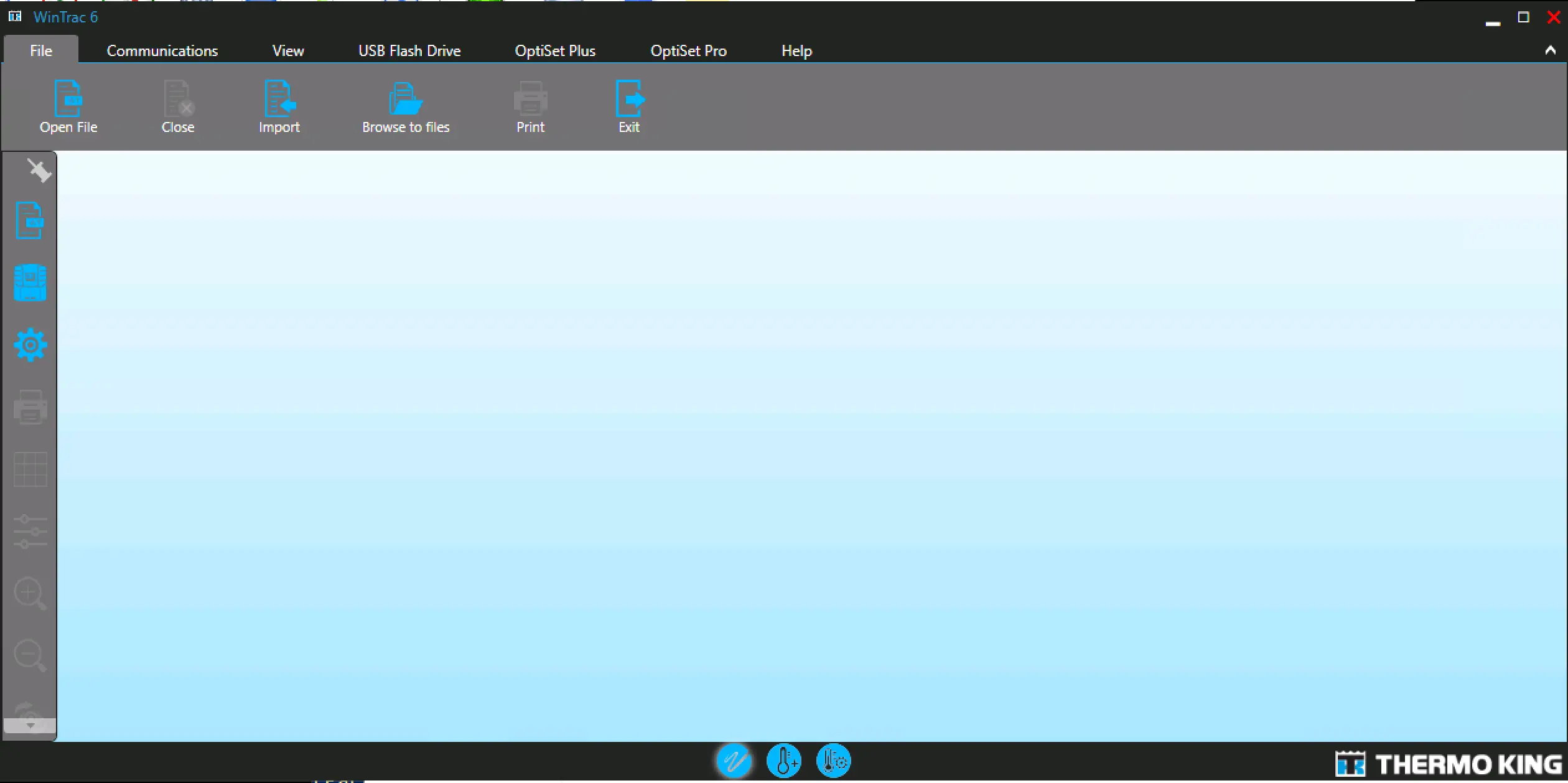 Thermo King WinTrac 6.12.0.21 main dashboard with communications, USB flash drive, and reporting menus.