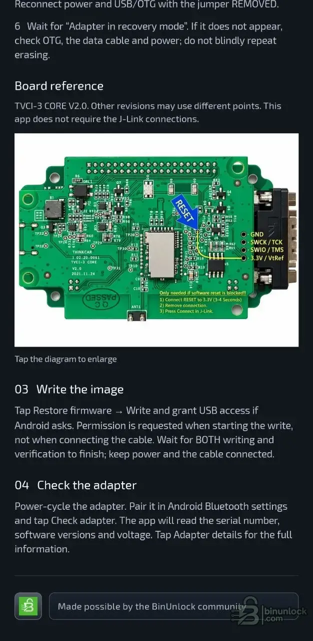 THINKDIAG 2 TVCI-3 CORE V2.0 circuit board reference and firmware recovery instructions