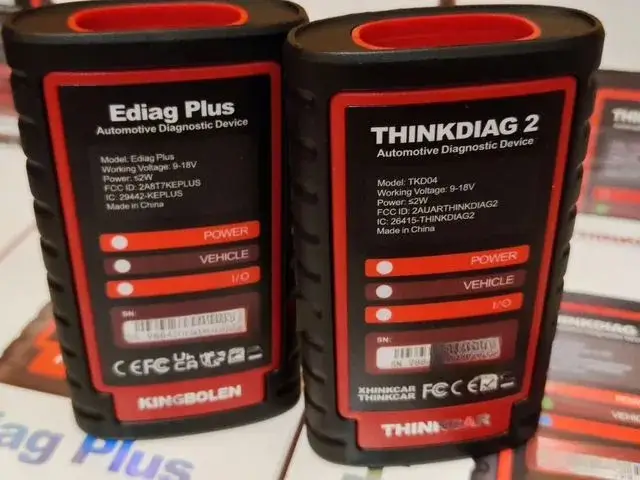 Thinkdiag 2 and Ediag Plus Bluetooth OBD2 VCIs used as hardware interfaces for Launch X431 PRO3 Android diagnostic applications.