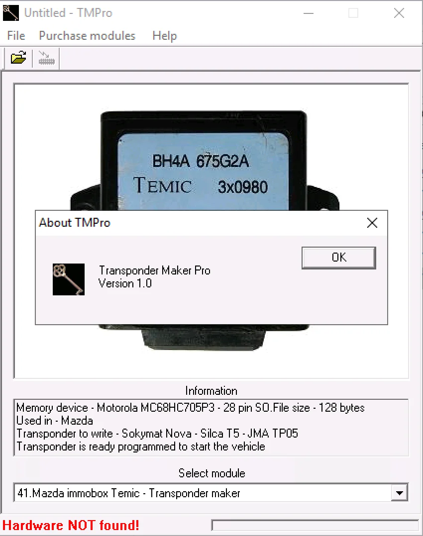 TMPro 1.0 About window showing Transponder Maker Pro version info inside the main immobilizer module workspace.