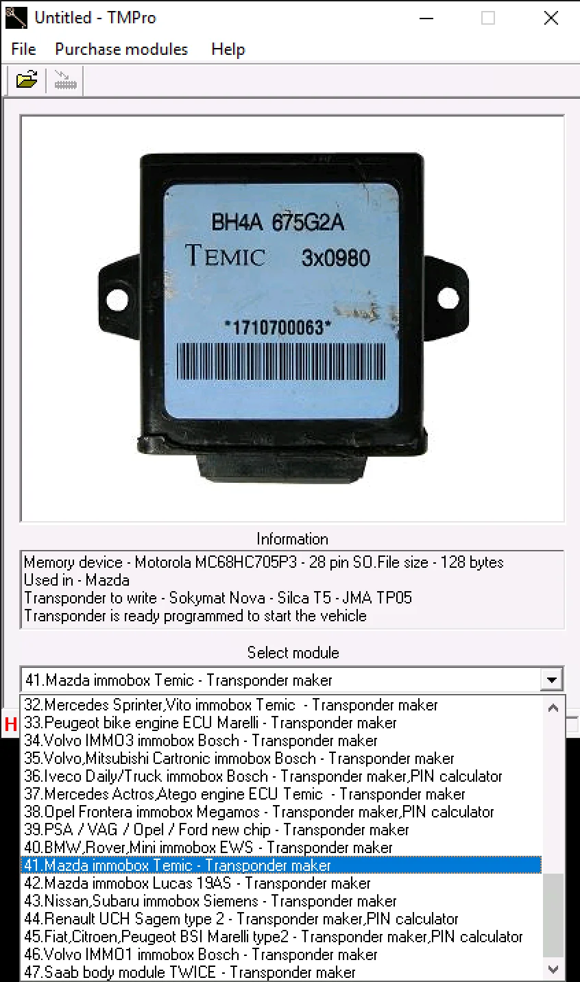 TMPro 1.0 module dropdown list with BMW EWS, Mercedes Temic, Renault UCH, Mazda immobox modules for transponder workflows.