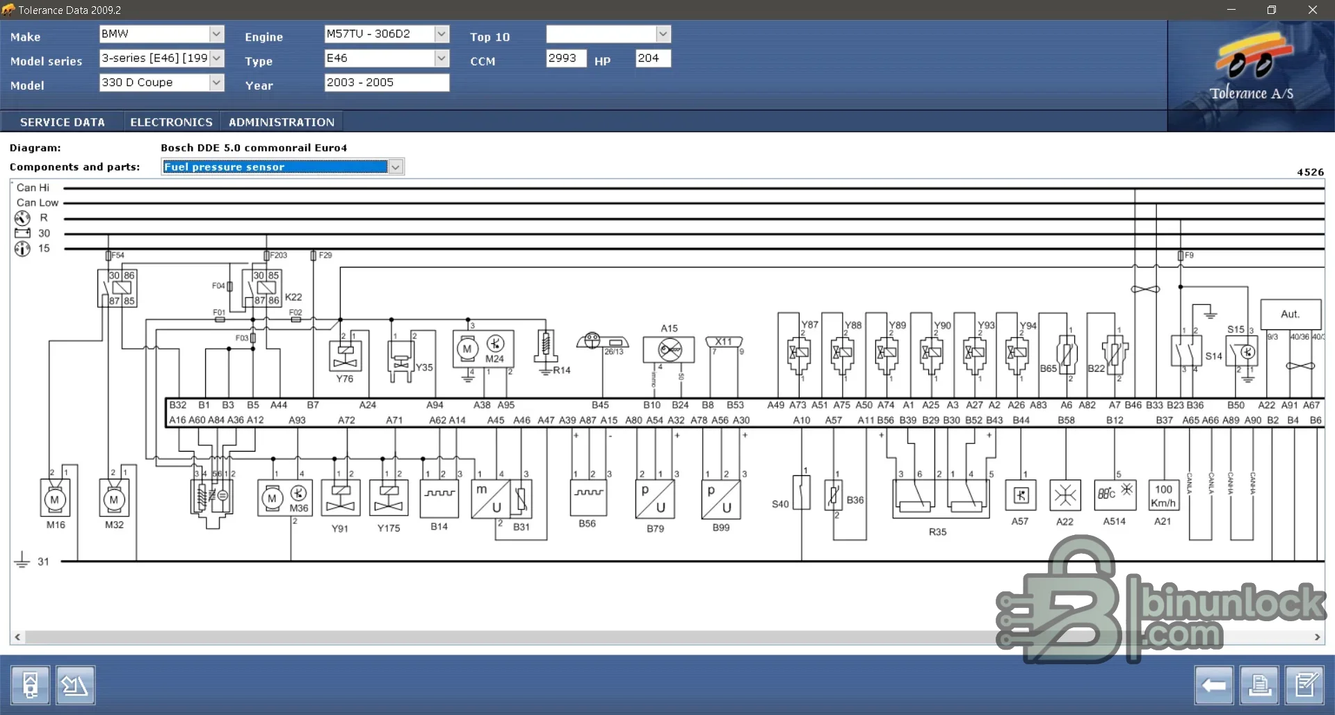 Tolerance Data interface showing a BMW E46 fuel-pressure-sensor wiring diagram