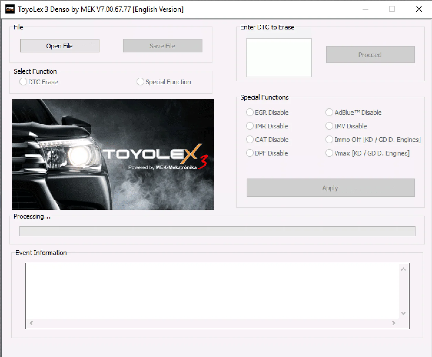 Toyolex 3 v7.00.67.77 main window with DTC Erase and Special Functions for Denso ECU files