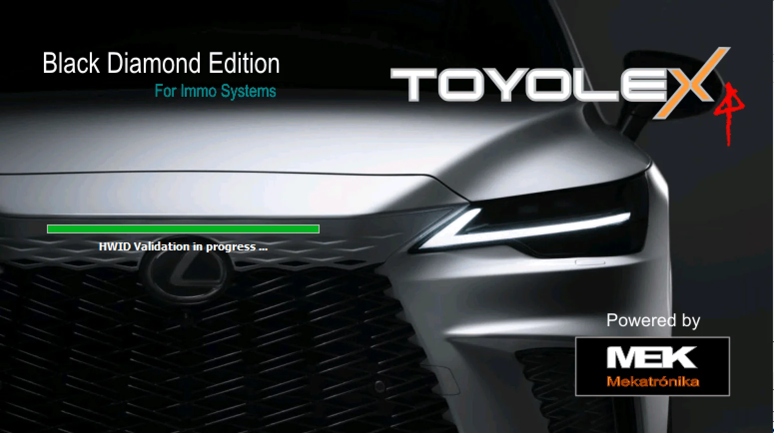 ToyoLex 4 Black Diamond Edition startup screen with HWID validation — Toyota/Lexus immobilizer & smart key diagnostics