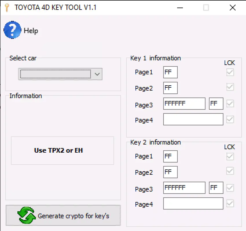 The main interface of the Toyota 4D Key Tool v1.1, showing fields for key data and a button to Generate crypto for key's.