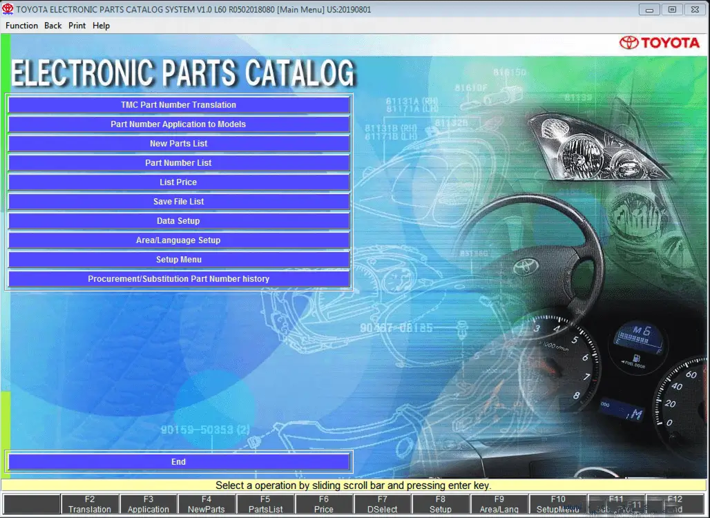 Toyota EPC v1.0 L60 R050 01/2025 main menu with part number translation and model application