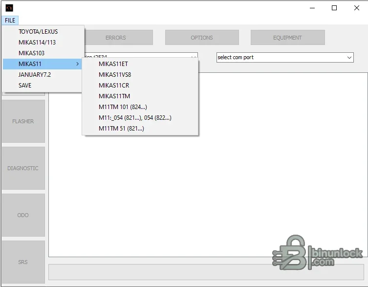 Firmware editor menu showing Toyota and Lexus plus additional MIKAS controller-family selections