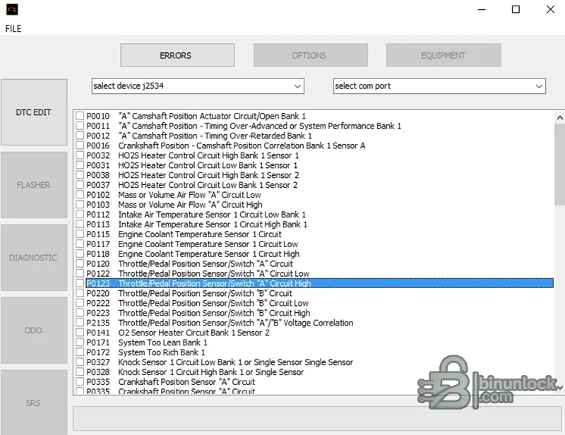 Toyota and Lexus firmware editor displaying selectable diagnostic trouble codes and J2534 or COM interface fields