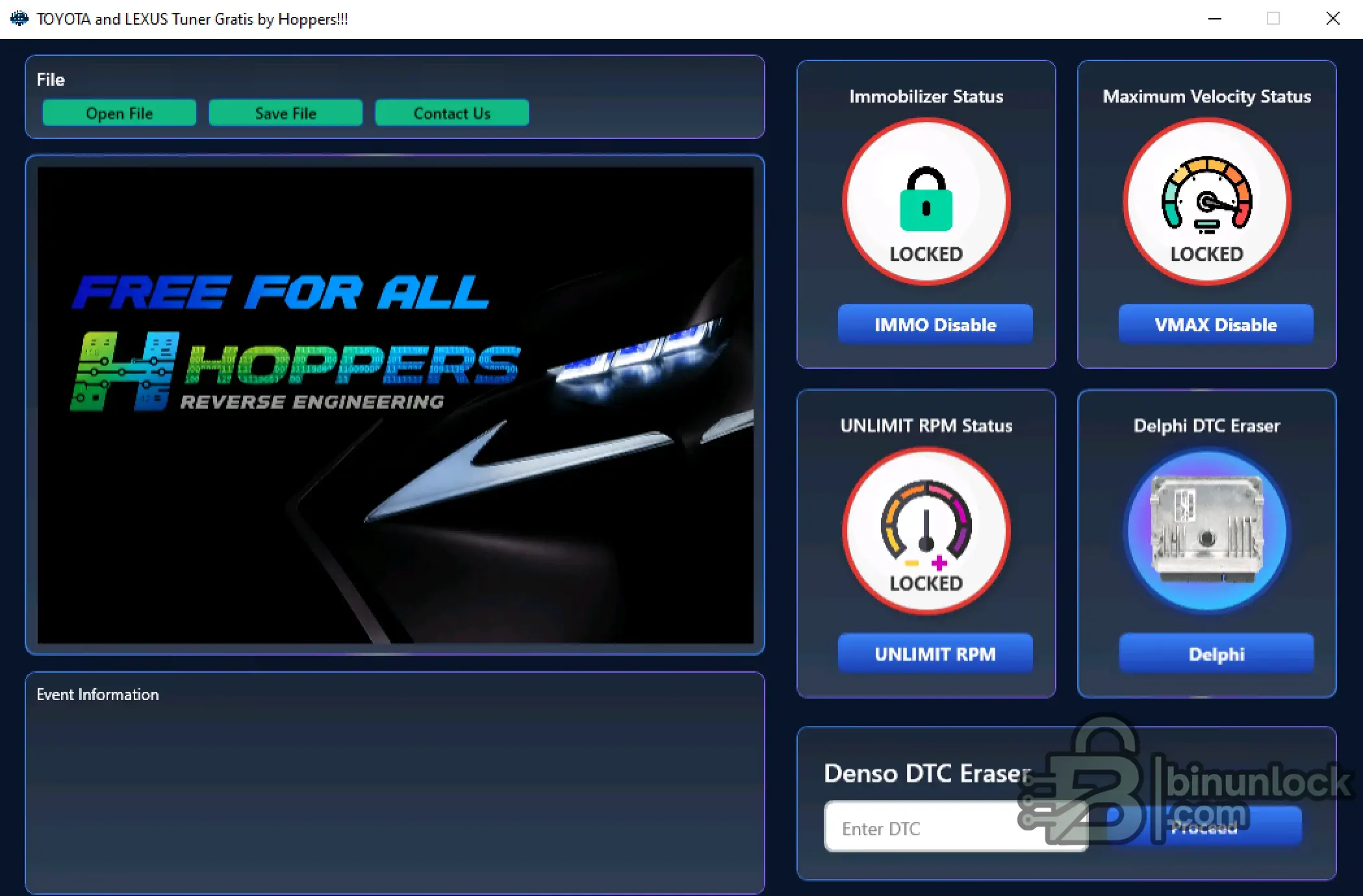 Main interface of Toyota and Lexus Tuner showing IMMO, VMAX, and RPM limit removal options for ECU dumps.