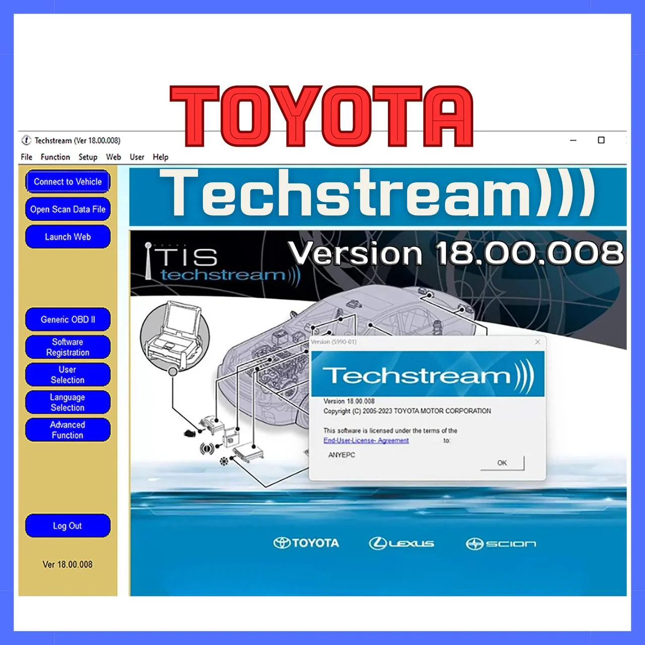 Toyota Techstream version 18.00.008 main interface for diagnostics and utilities