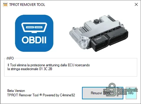 TPROT Remover Tool interface showing the hexadecimal signature search and Remove TPROT file operation
