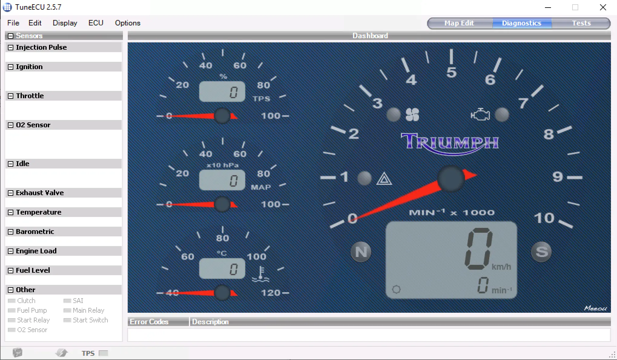 Version 2.5.7 TuneECU diagnostics dashboard for Triumph EFI bikes with live sensor gauges and ECU status information.