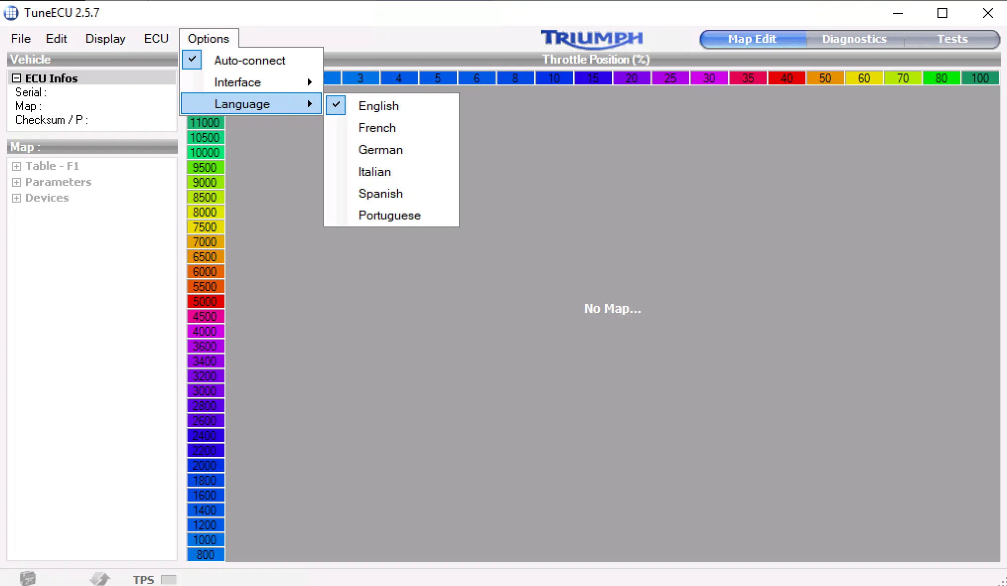 Version 2.5.7 TuneECU language menu on Windows showing selectable interface languages for Triumph and KTM ECU diagnostics.