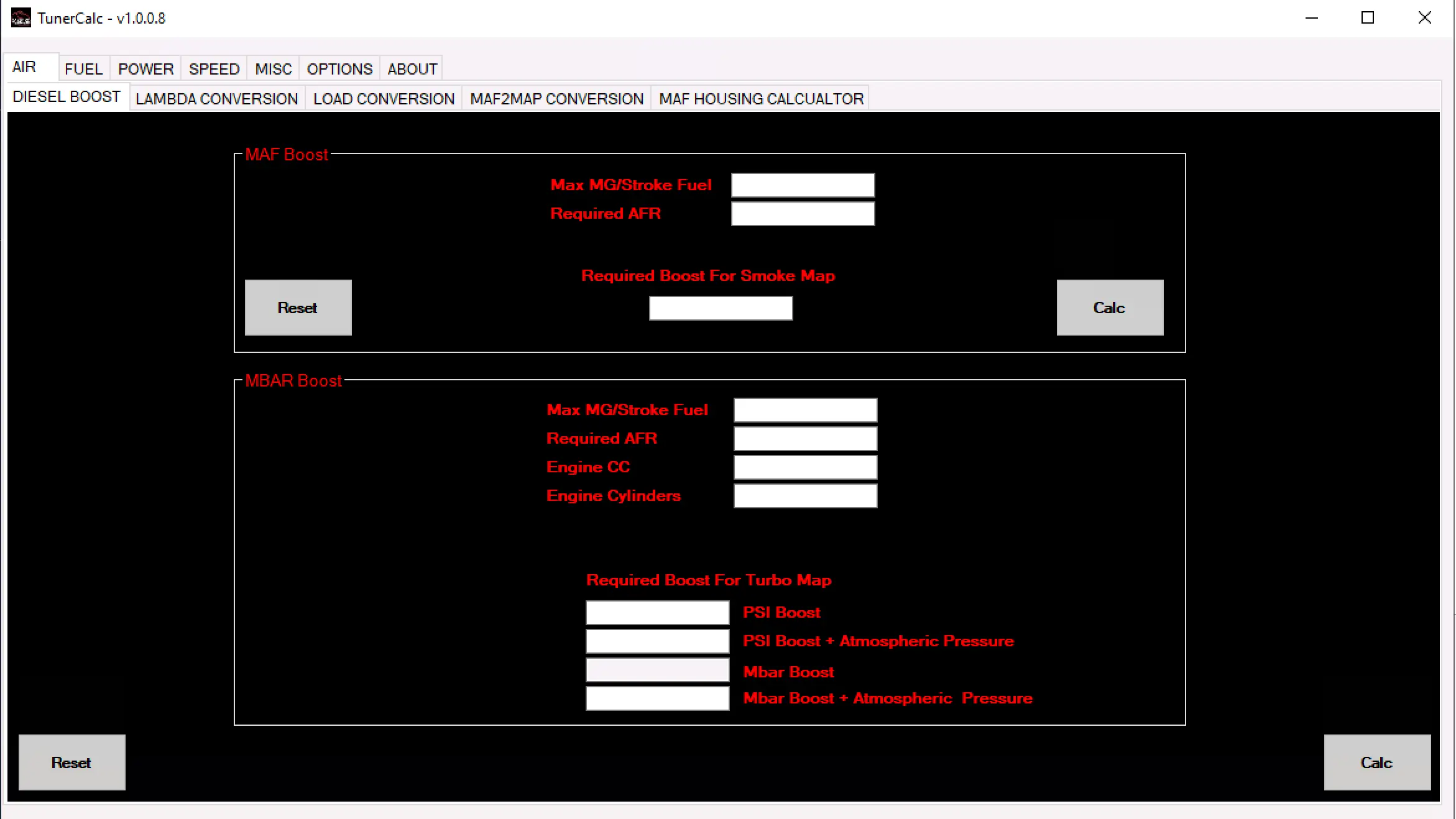 TunerCalc v1.0.0.8 Diesel Boost calculator screen (MAF Boost and mbar Boost sections)