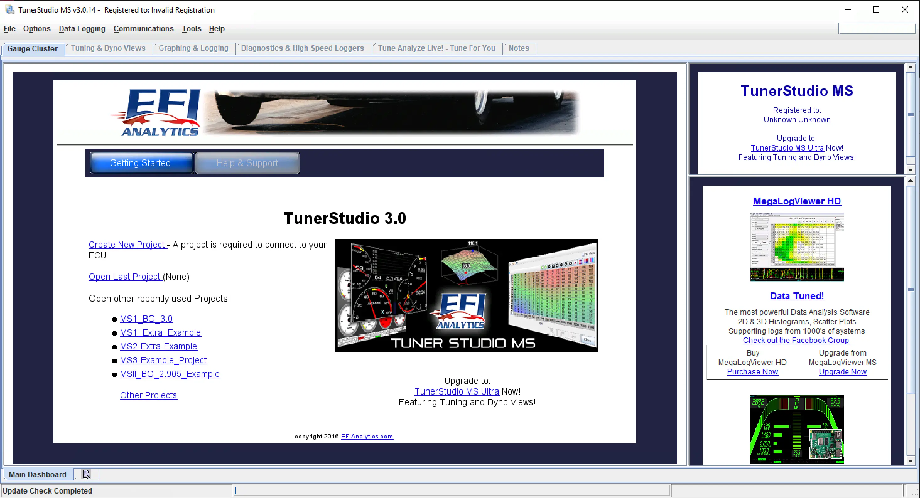 TunerStudio MS v3.0.18 start screen showing project options, dashboards, and tuning tools for MegaSquirt ECU.
