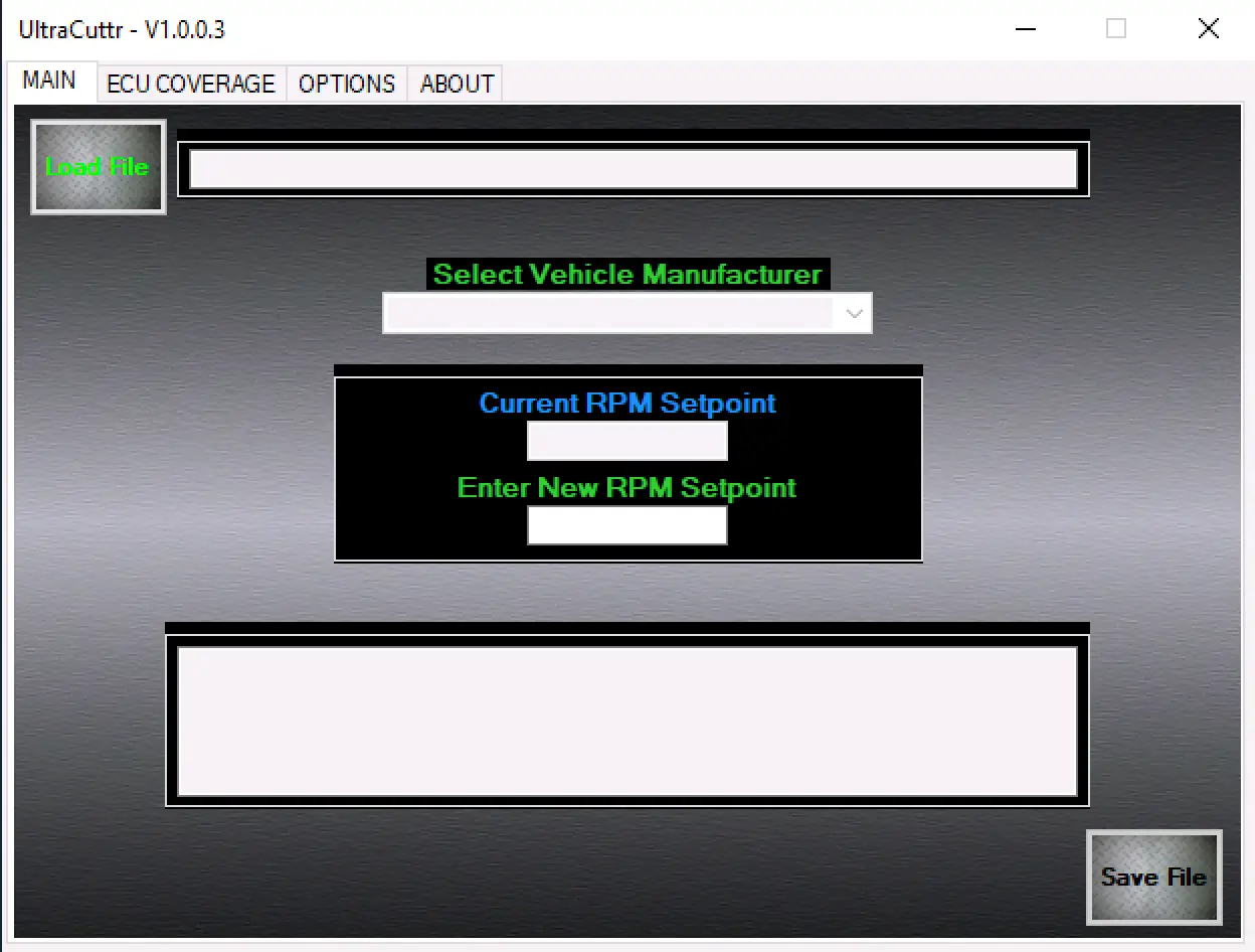 UltraCuttr main window showing RPM setpoint editor and file load/save controls