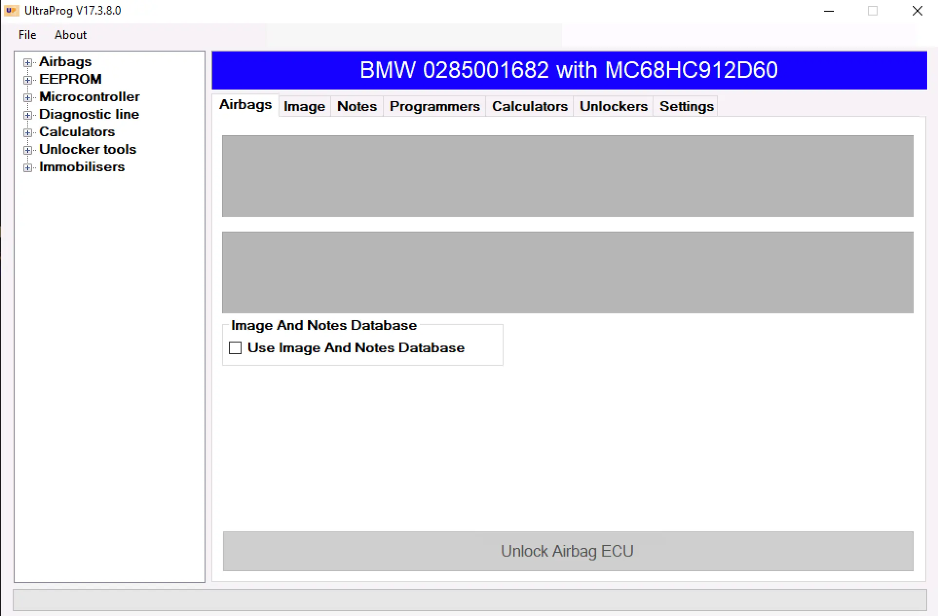UltraProg v17.3.8.0 airbag service dashboard showing BMW 0285001682 with MC68HC912D60