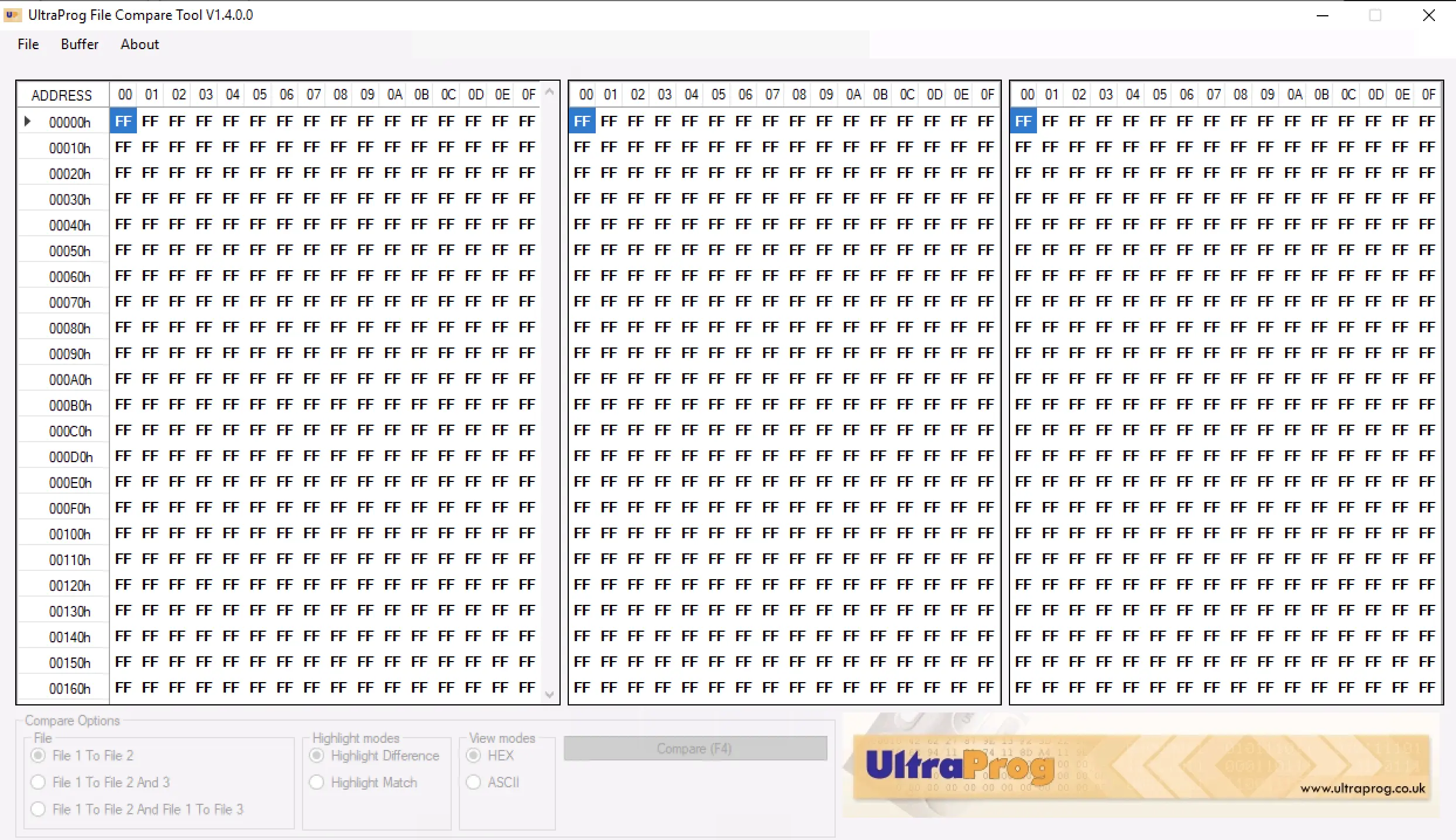 UltraProg File Compare v1.4.0.0 three pane interface with HEX view and compare options