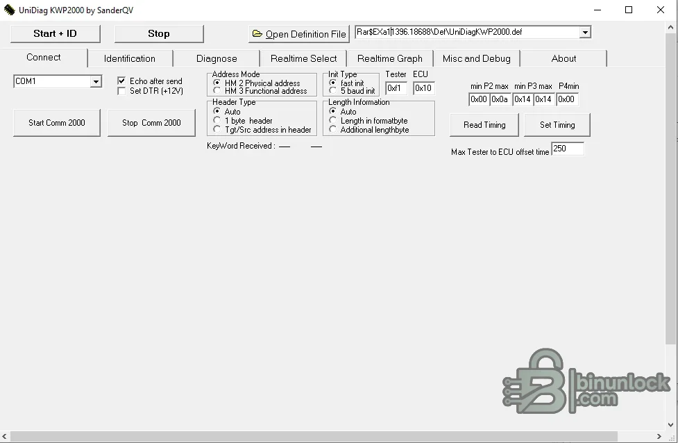UniDiag KWP2000 interface with K-Line connection parameters, ECU definition selection and diagnostic controls
