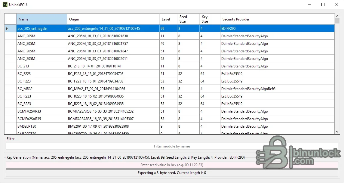 UnlockECU visual interface listing automotive module definitions, security levels, seed and key sizes, providers and hexadecimal seed input