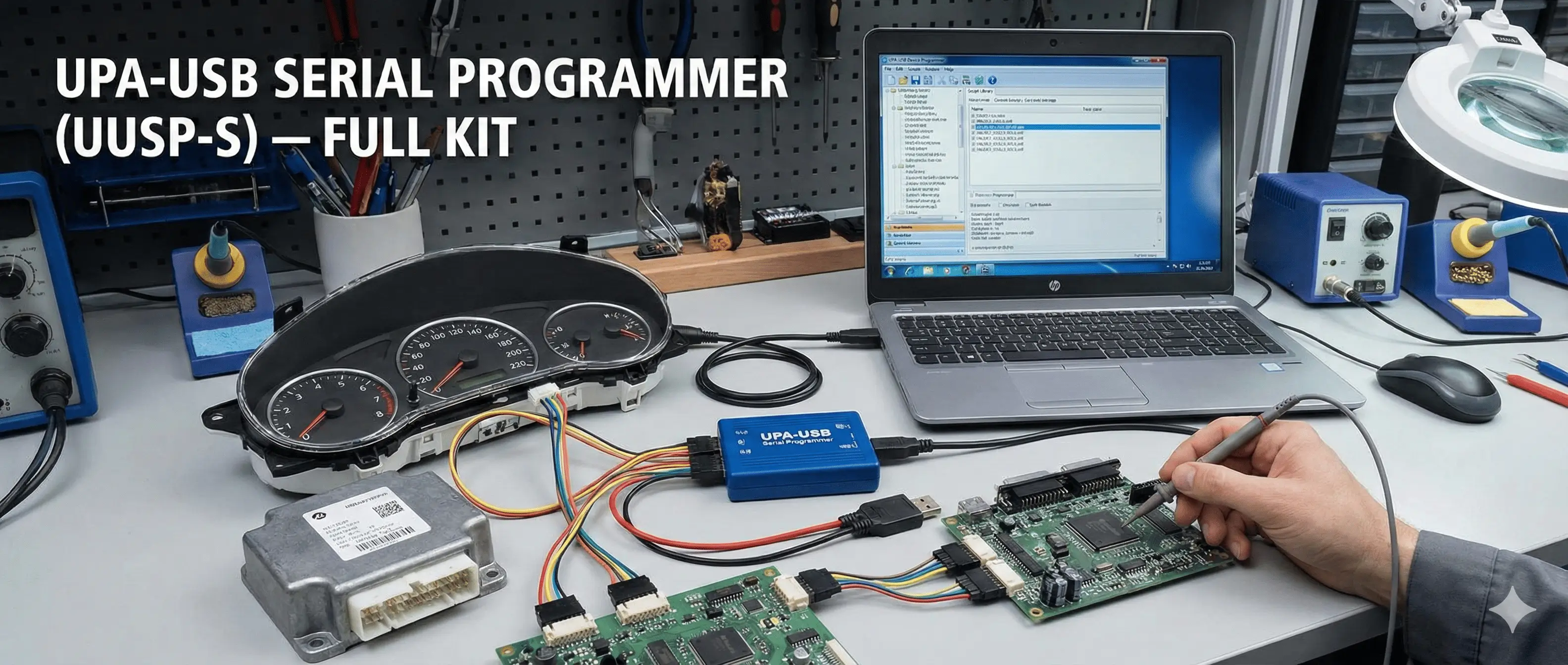 UPA-USB Serial Programmer UUSP-S kit for Motorola HC05 HC08 HCS12 series, EEPROM I2C SPI, odometer correction and ECU tuning on Windows 10.