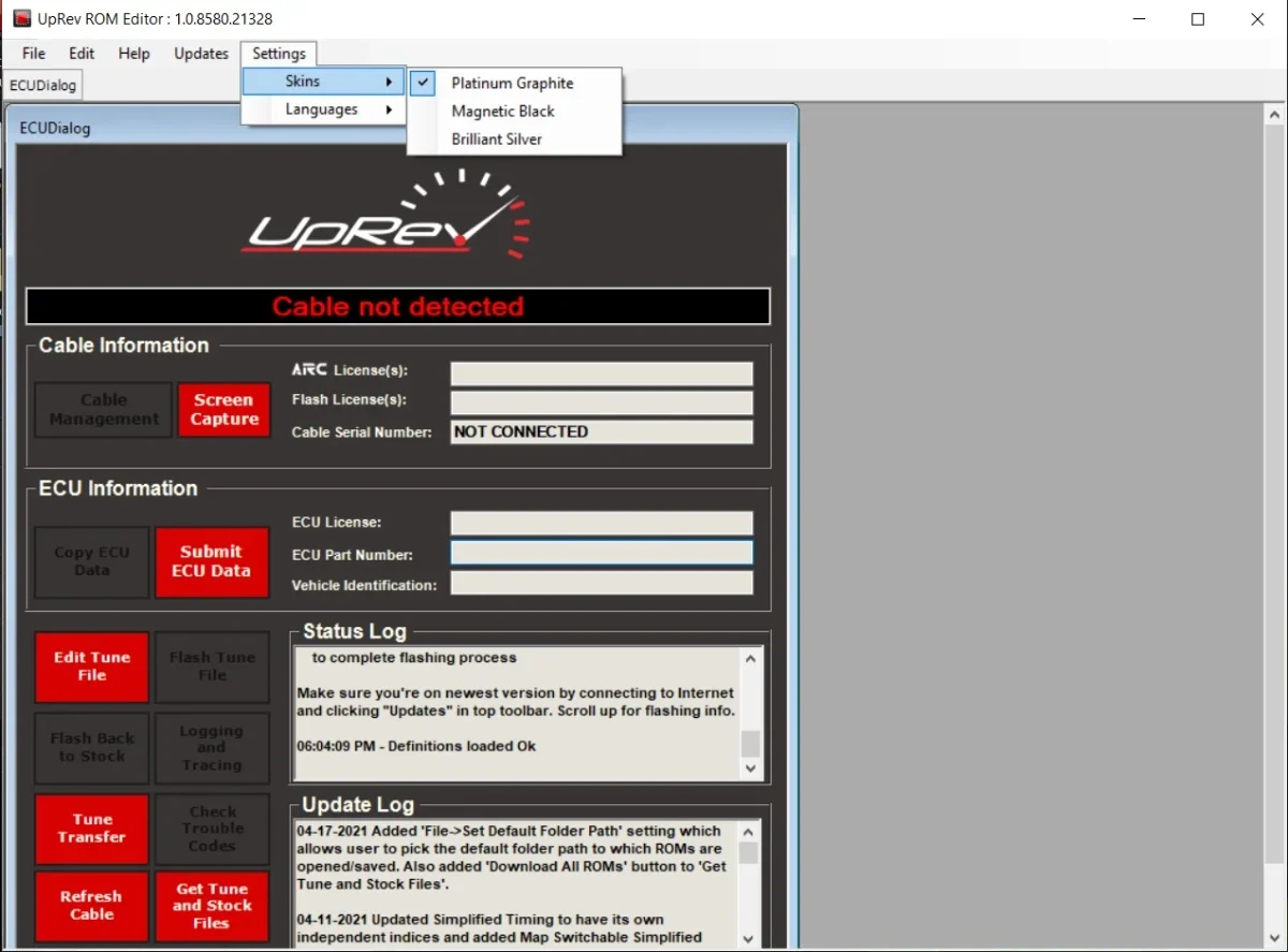 UpRev ROM Editor v1.0.8580.21328 main window showing cable status, ECU information and status log for Nissan ECU tuning.