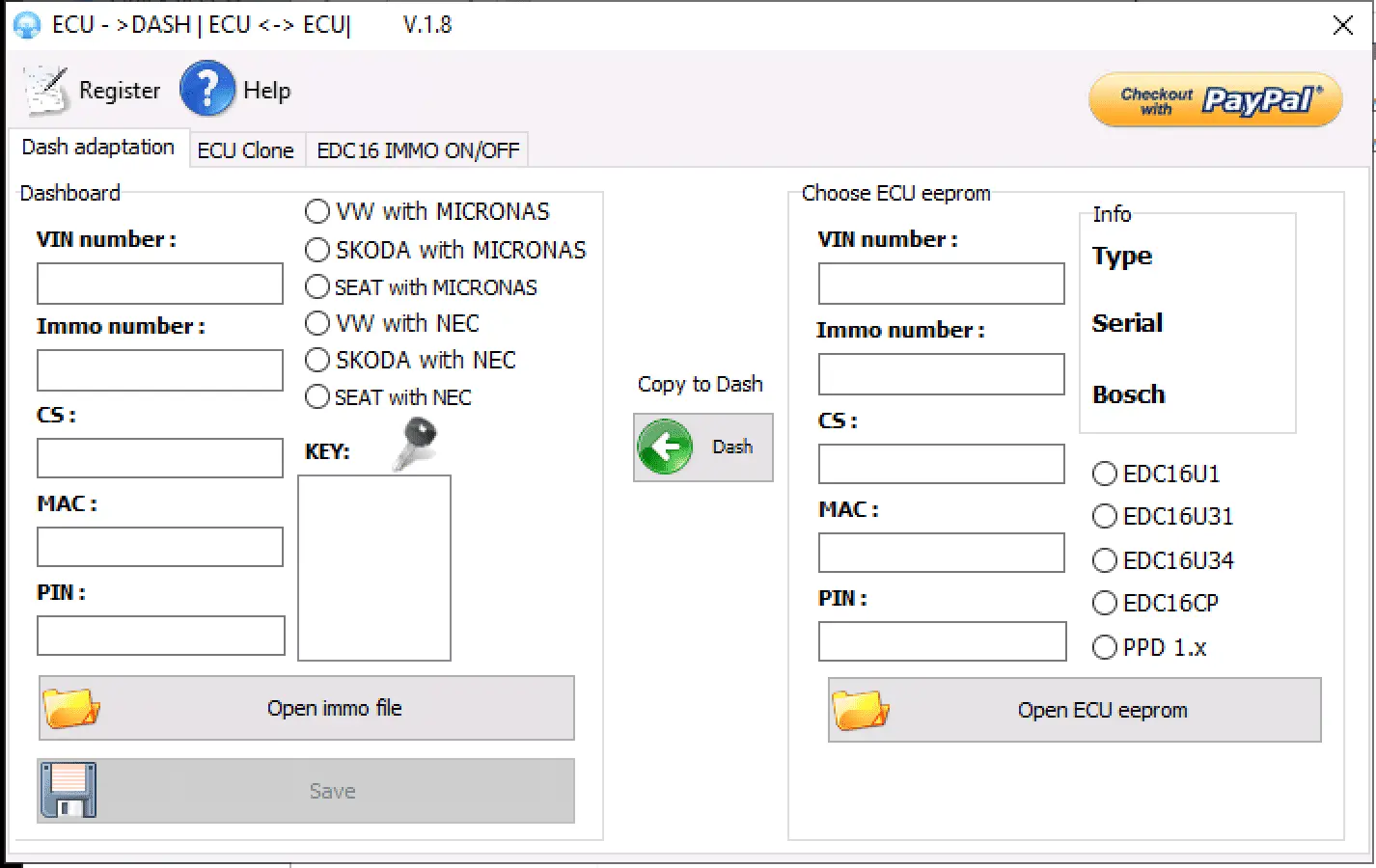 The Dash adaptation tab of the VAG tool v1.8, showing panels for synchronizing immobilizer data from an ECU to a dashboard.