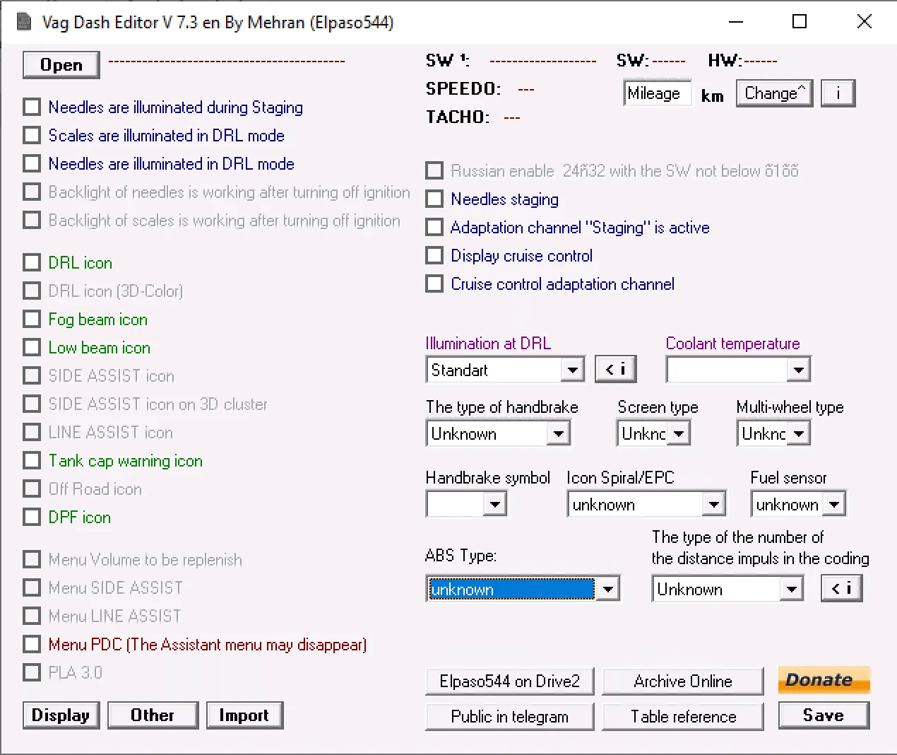 VAG Dash Editor v7.3 main window showing multi-language options, staging toggle, DRL and warning-icon settings on Windows