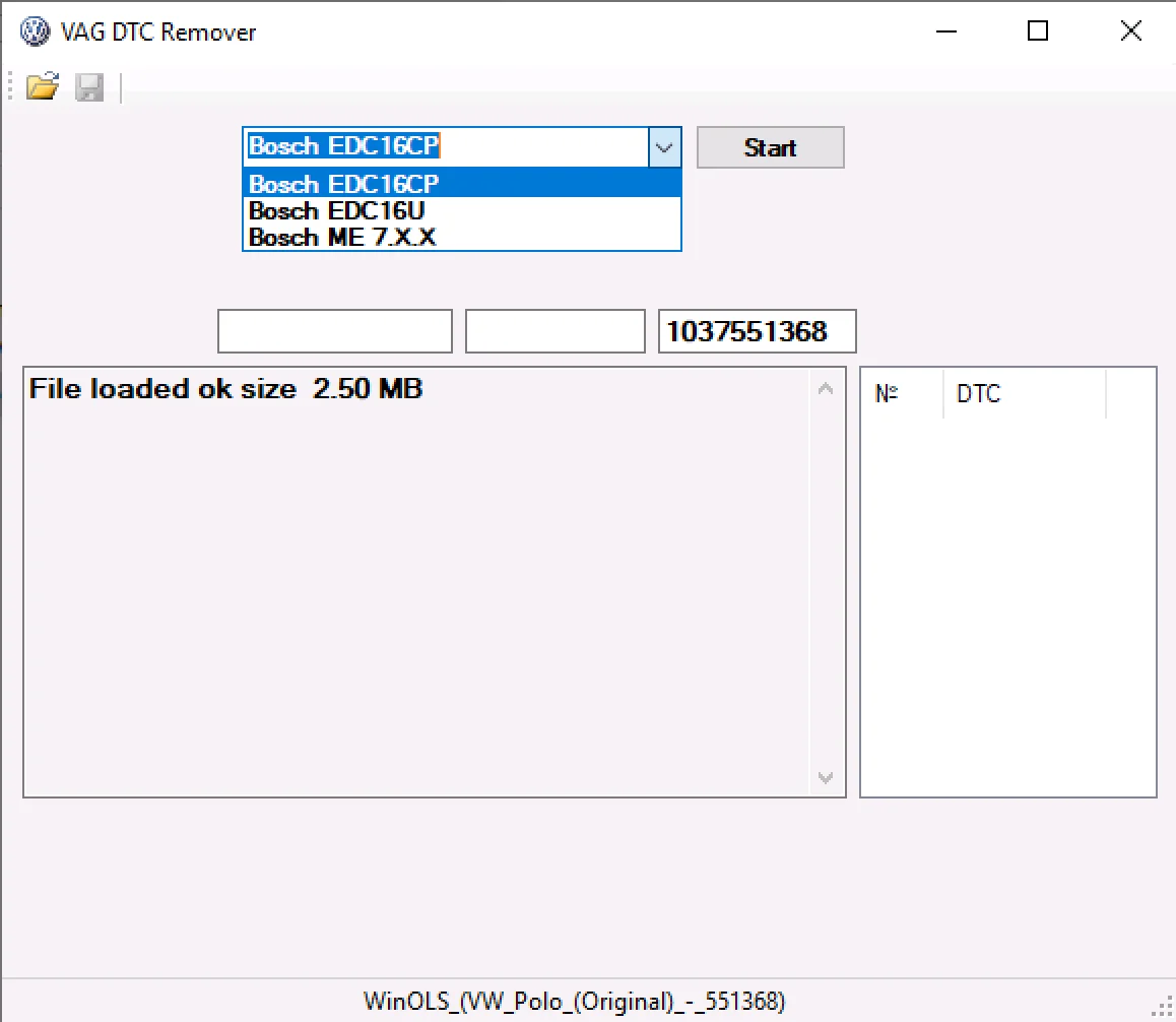 VAG DTC Remover scanning a Bosch EDC16CP file and listing diagnostic trouble codes