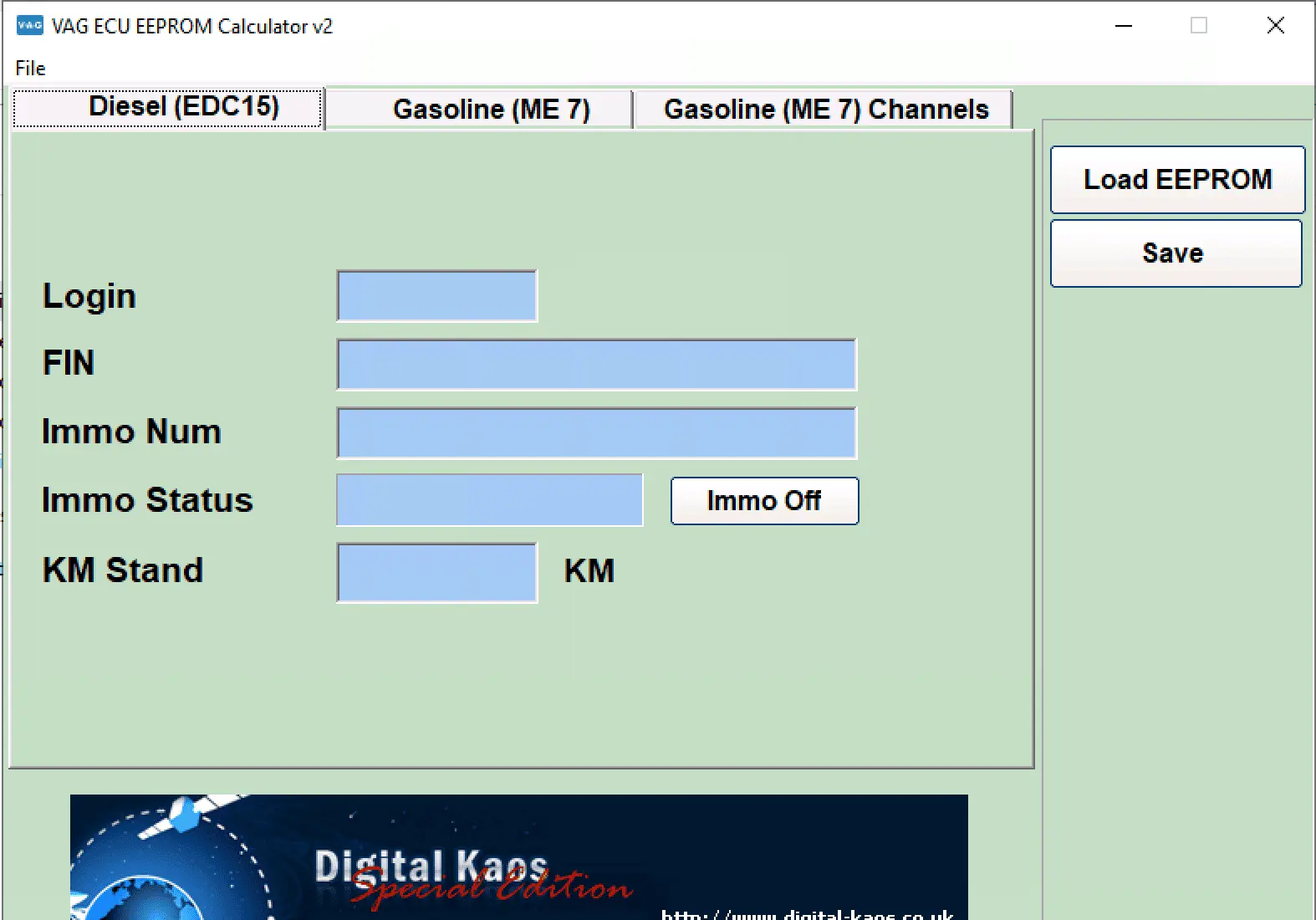 The Diesel (EDC15) tab of the VAG ECU EEPROM Calculator, showing fields for Login, VIN, and the Immo Off function.